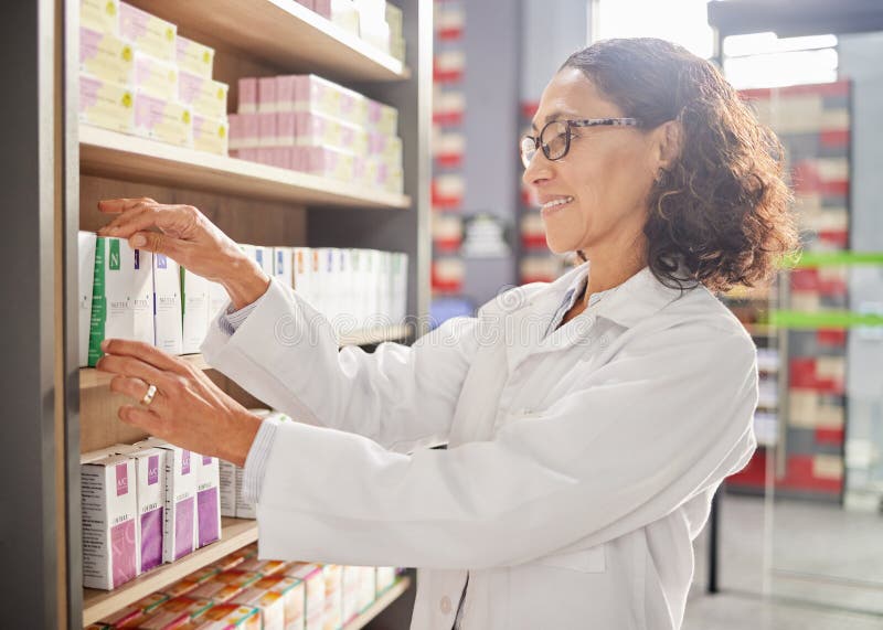 Pharmacy, Woman and Employee Check Inventory, Health Products and Drug