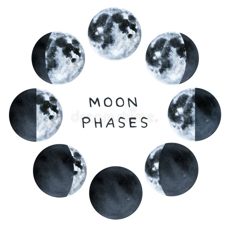 phases moon water color collection cyclically changes new crescent quarter gibbous to full seen earth hand drawn art 110473685