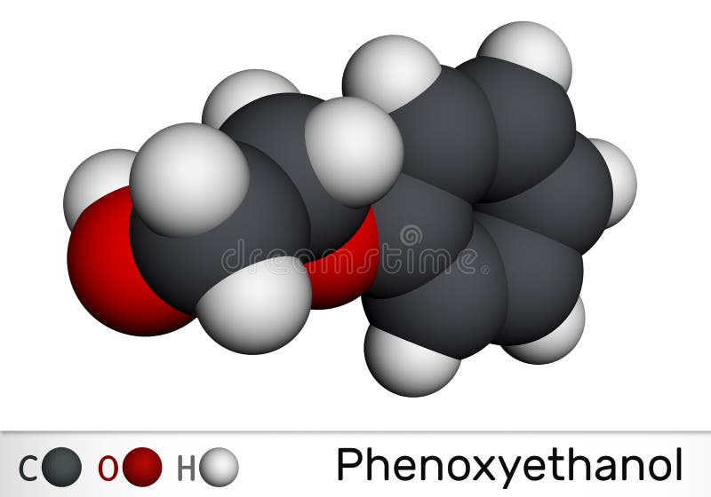 Phenoxyethanol primary alcohol molecule. It is glycol ether, antiinfective  agent, preservative, antiseptic, solvent. Structural chemical formula on  the dark blue background. vector illustration:: موقع تصميمي