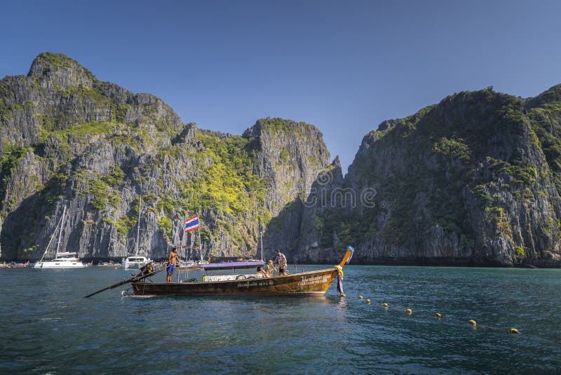 Maya Bay `The Beach` with long-tail boats and tourists, Phi Phi Lay Island, Krabi Province, Thailand, Southeast Asia, Asia royalty free stock images Maya Bay `The Beach` with long-tail boats and tourists, Phi Phi Lay Island, Krabi Province, Thailand, Southeast Asia, Asia royalty free stock images