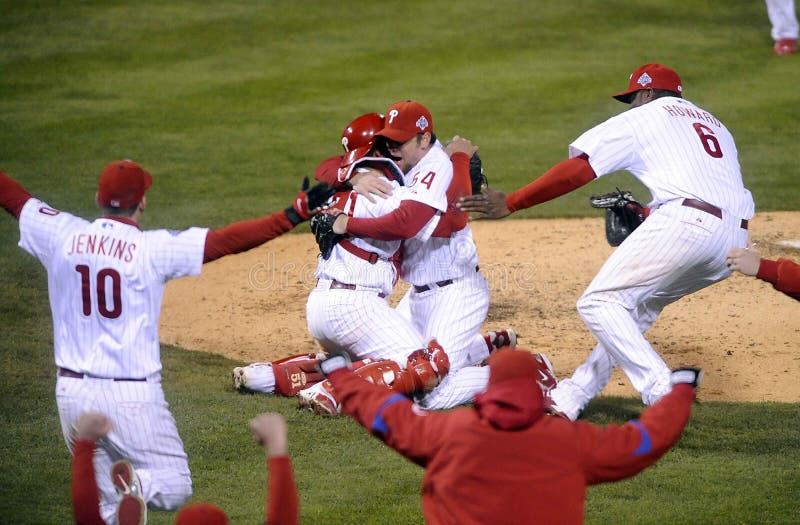 Philadelphia Phillies Carlos Ruiz and Brad Lidge celebrate their 2008 World Series championship.