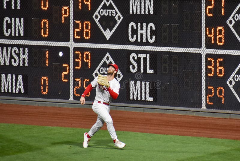 Philadelphia Phillies Right Fielder Bryce Harper Chases a Pop Fly Into the Corner