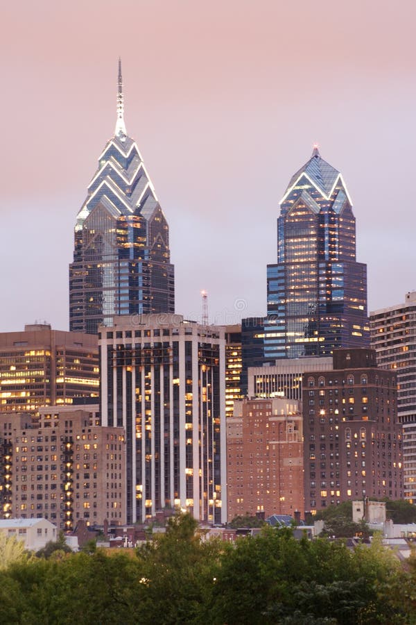 Philadelphia Skyline Of One And Two Liberty Place With Pink Even Stock