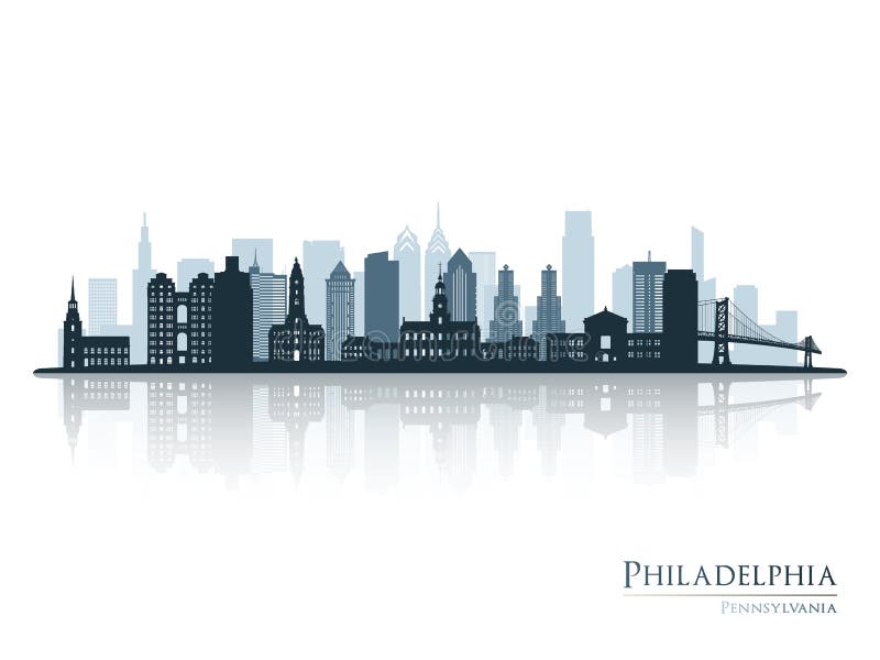 Philadelphia skyline silhouette with reflection.