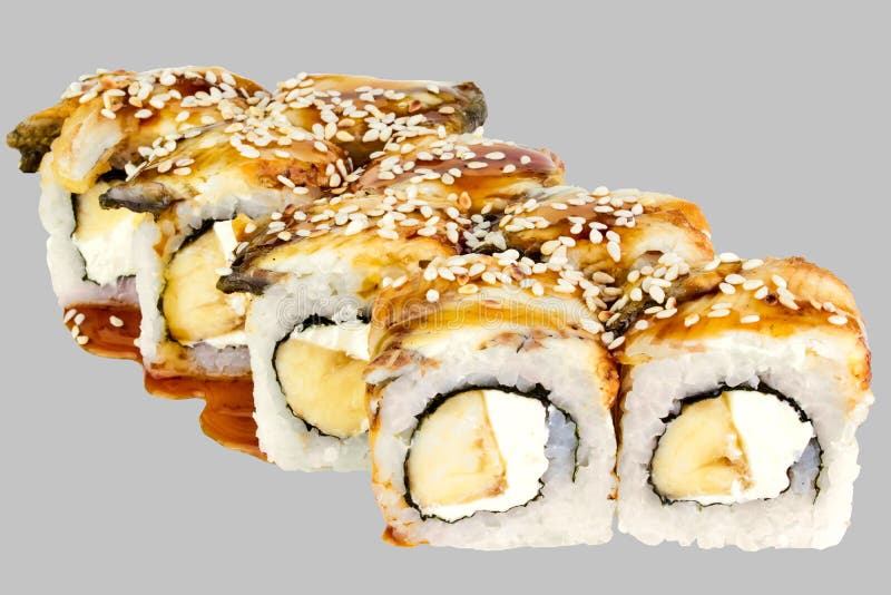 Philadelphia sushi with banana unagi sauce sesame