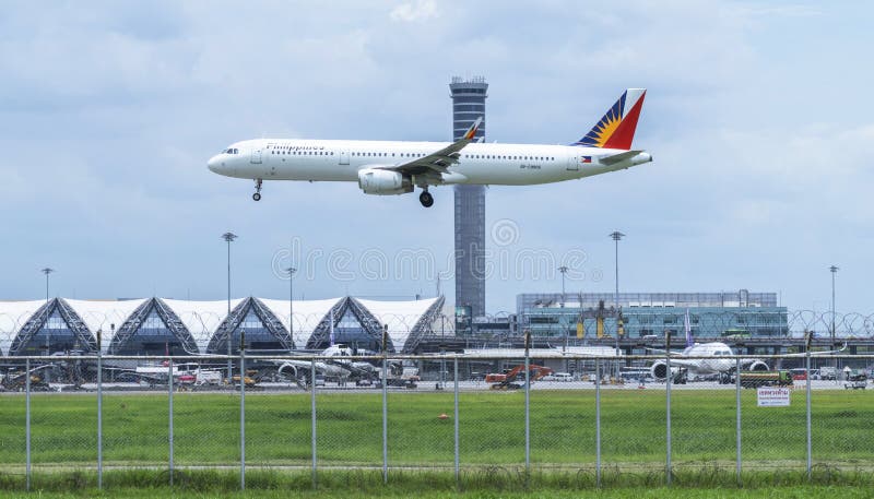 Philippine Airlines plane. Samut Prakan, Thailand: August 27, 2023: Philippine Airlines plane is landing at Suvarnabhumi International Airport with blue sky