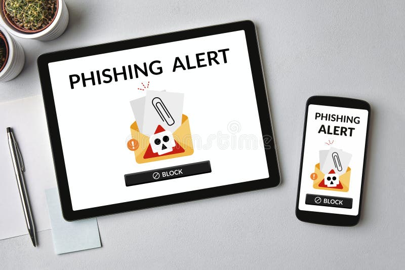Phishing alert on tablet and smartphone screen royalty free stock images