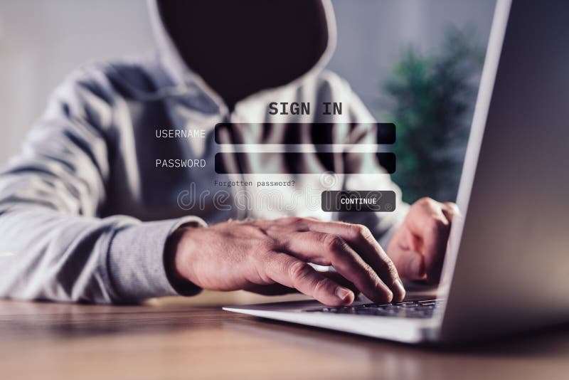 Phishing-Angriffs-Computer-Hacker mit gefälschter Website zum Stehlen von Anmeldedaten stockbild