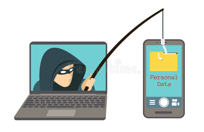 Phishing scam, hacker attack on smartphone vector illustration. Attack hacker to data, phishing and hacking crime. Phishing scam, hacker attack on smartphone vector illustration. Attack hacker to data, phishing and hacking crime