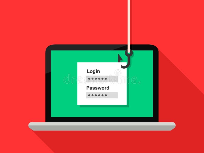 Phishing concep, hacker stealing login, account, username and password from laptop screen vector illustration
