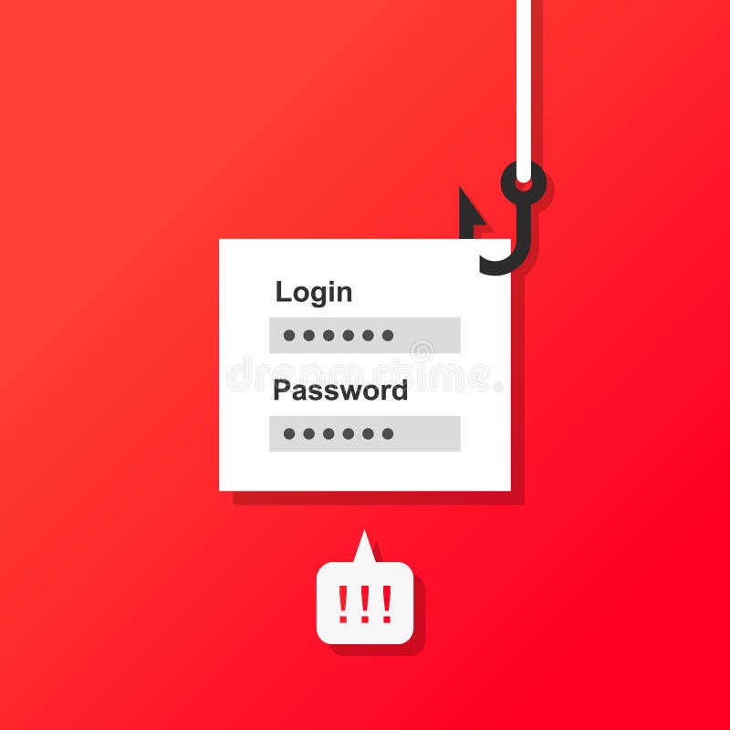 Phishing, thief stealing login, account and password information with a fishing hook vector illustration