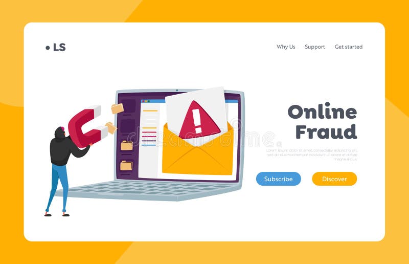 Phishing via Internet Landing Page Template. Tiny Hacker Hacking Personal Data from Laptop Screen, Fishing Messages vector illustration