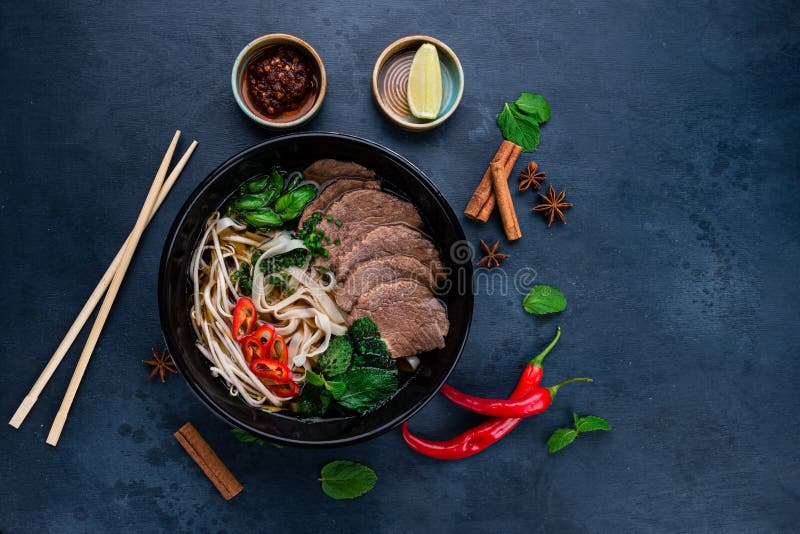 Pho bo, Vietnamese food, rice noodle soup with sliced beef