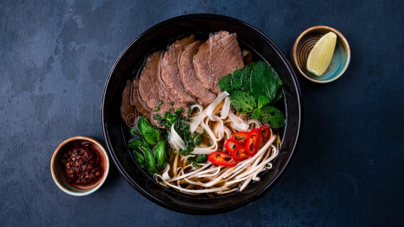 Pho bo, Vietnamese food, rice noodle soup with sliced beef