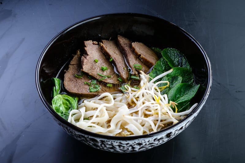 Pho bo, Vietnamese food, rice noodle soup with sliced beef