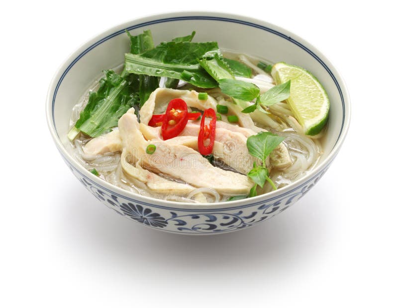 Pho ga, vietnamese chicken rice noodle soup isolated on white background. Pho ga, vietnamese chicken rice noodle soup isolated on white background