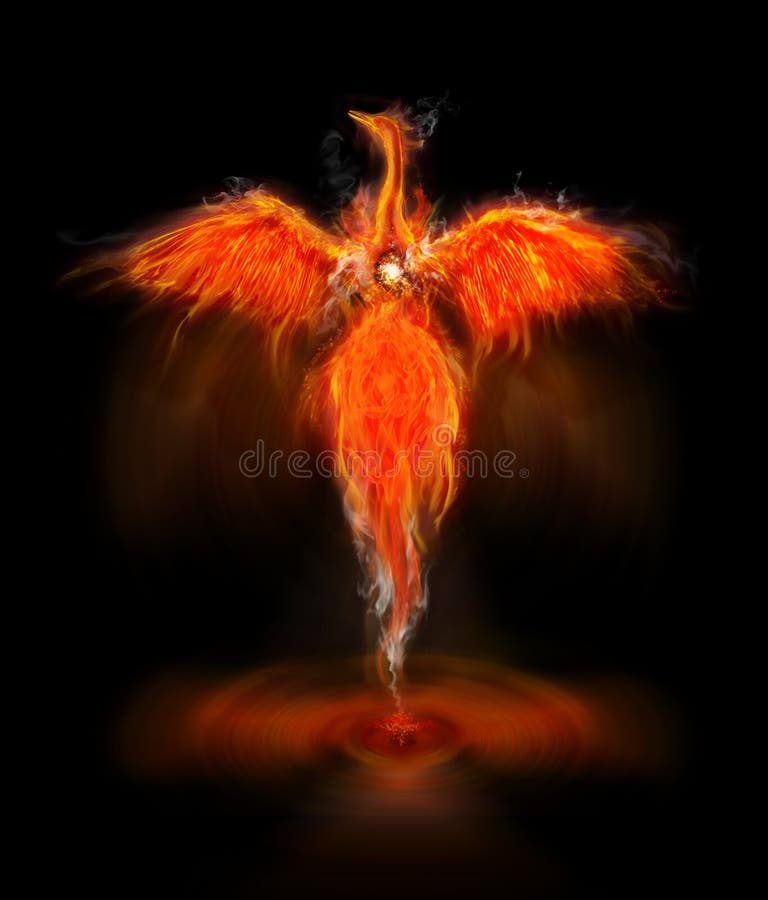 Ohnivý vták fénix s krídlami sa pretiahol vychádzajúceho z špirála povrchu.