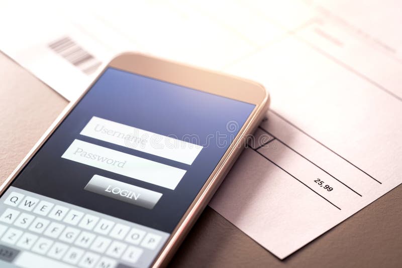 Phone bill and smartphone with online bank app. royalty free stock image Phone bill and smartphone with online bank app. royalty free stock image