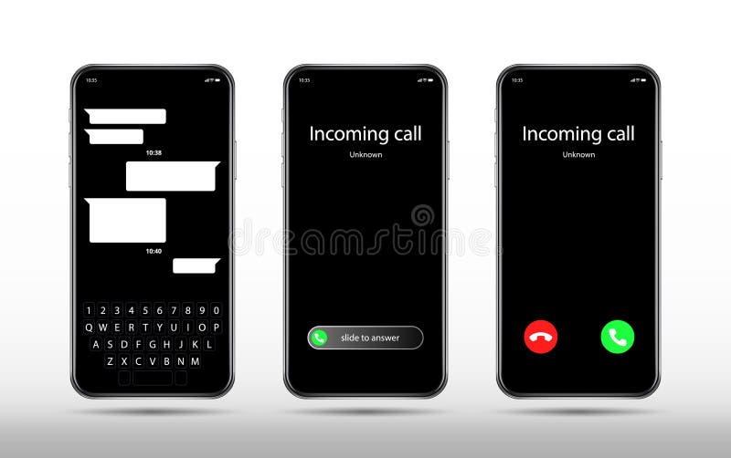 Phone call and chat screen. Realistic smartphone mockup, incoming call. Accept decline button and slider, mobile stock illustration