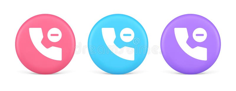 Phone call delete contact communication button voice conversation web interface app 3d circle icon. Phone call delete contact communication button remotely voice conversation web interface app 3d realistic pink blue and purple icons. Telephone operation info handset with minus sign