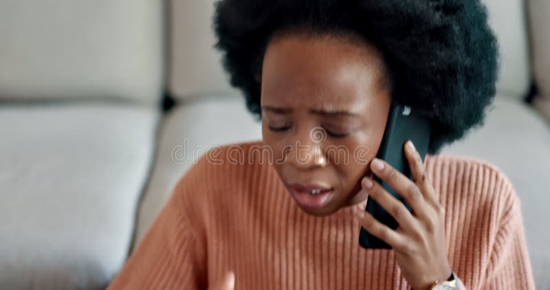 Phone call stress, angry conversation and black woman talking with insurance on mobile, communication about solution to stock footage