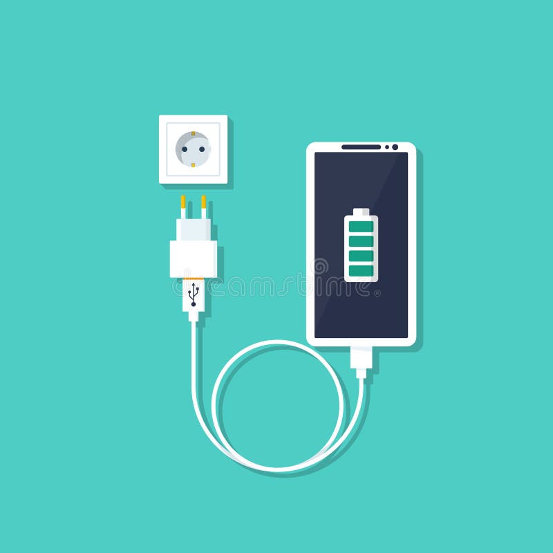 Phone on Charging. Smartphone with Charger Stock Vector Illustration