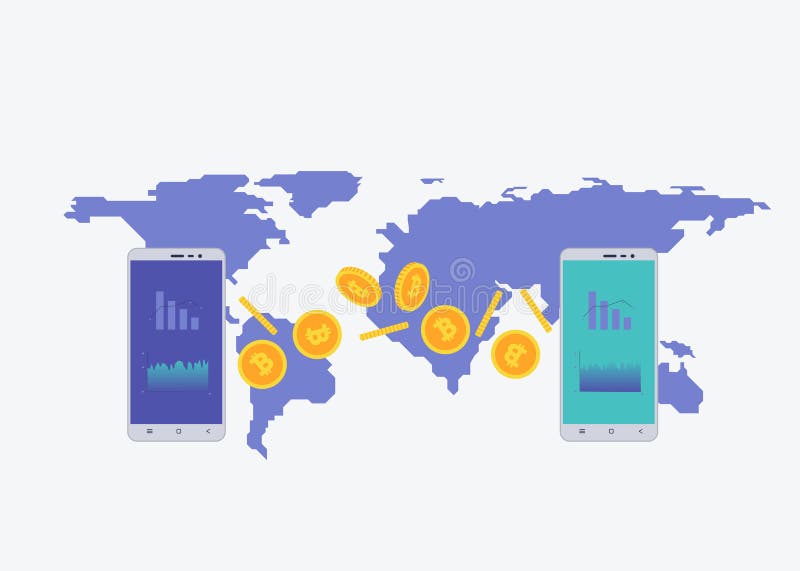 Phone with crypto currency on the screen with map on the background. Bitcoin trading concept. Diagram and statistic for royalty free illustration Phone with crypto currency on the screen with map on the background. Bitcoin trading concept. Diagram and statistic for royalty free illustration