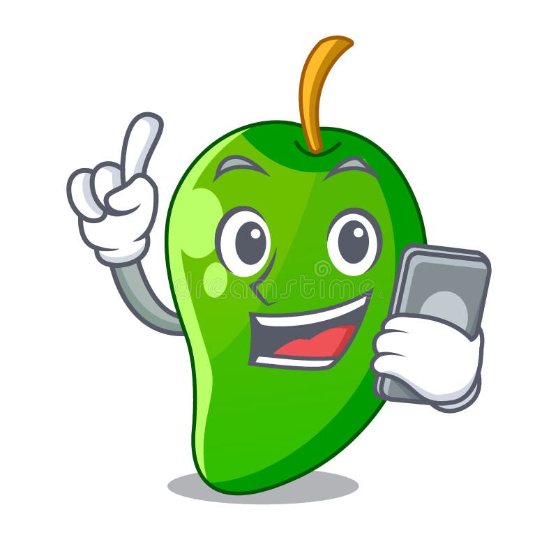 With phone green mango in basket of cartoons vector illustration With phone green mango in basket of cartoons vector illustration