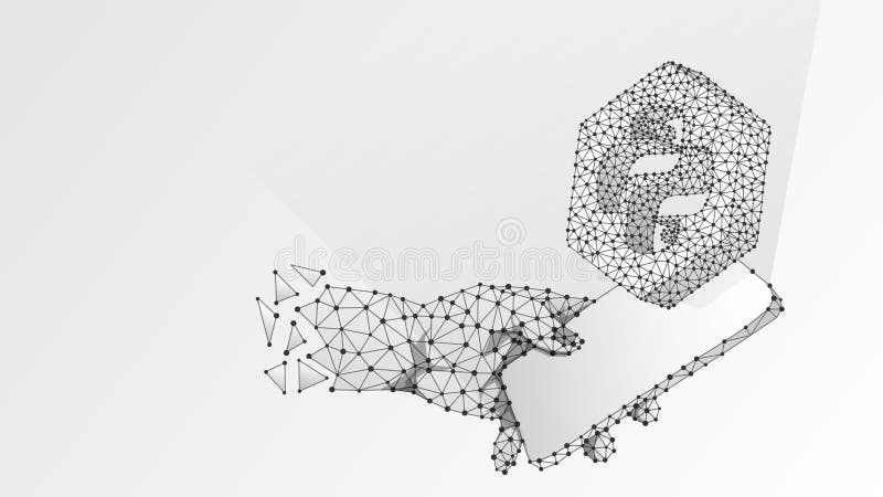 Phone in a hand with Python language symbol on mobile screen. coding software concept. Abstract, digital, wireframe, low poly mesh, polygonal Vector white origami 3d illustration. Triangle, line, dot. Coding mesh vectors