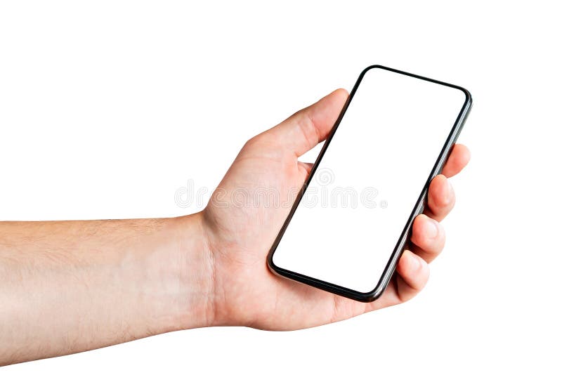 Phone in hand, white background. Man holding cellphone. Blank screen for mockup or application. Empty display for app. stock photography