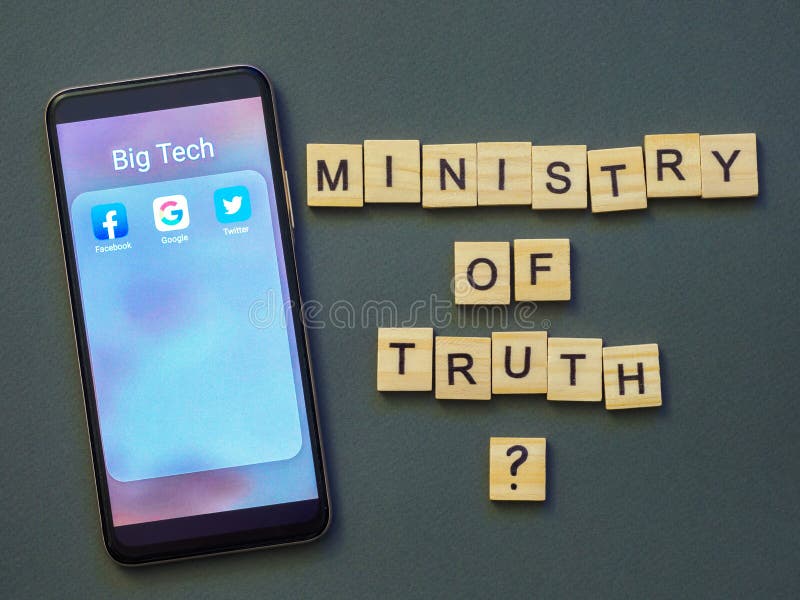 NIZHNY NOVGOROD, RUSSIA - JANUARY 25, 2021: Phone with icons of big tech companies on gray background. Words ministry of truth near the phone show possibility