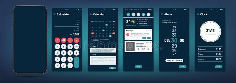 Phone interface. Modern mobile application template. Calendar, clock, alarm and calculator web banner. Smartphone with vector illustration