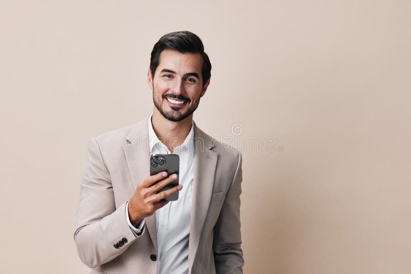 phone man suit happy portrait business smartphone smile blogger call hold