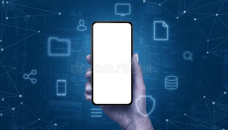 Phone mockup surrounded with internet, tehnology