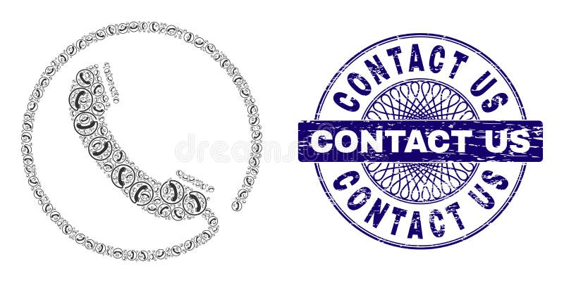 Phone Recursion Collage of Phone Items and Grunge Contact Us Round Guilloche Seal vector illustration