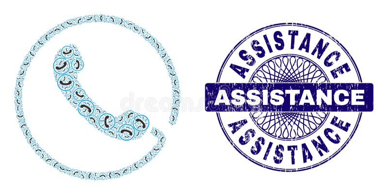 Phone Recursion Composition of Phone Icons and Scratched Assistance Round Guilloche Seal Stamp vector illustration