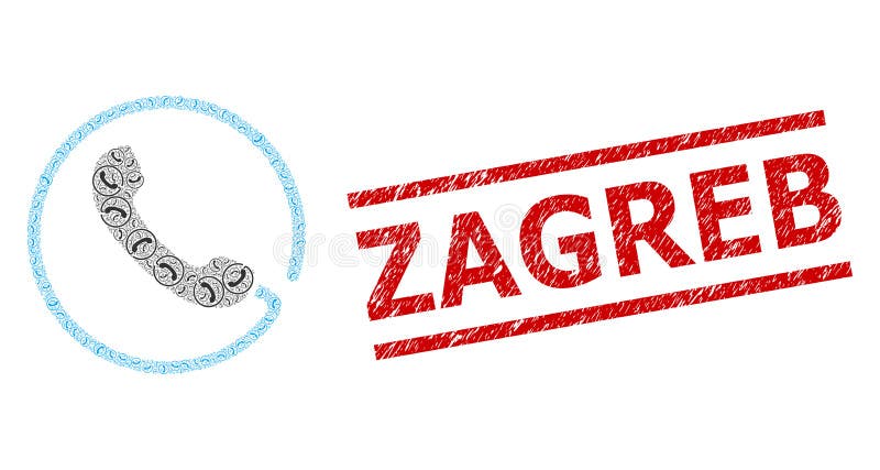 Phone Recursive Mosaic of Phone Items and Distress Zagreb Seal Stamp. Recursive combination phone and Zagreb corroded stamp seal. Stamp seal includes Zagreb text between parallel lines. Vector mosaic is formed with random phone items.