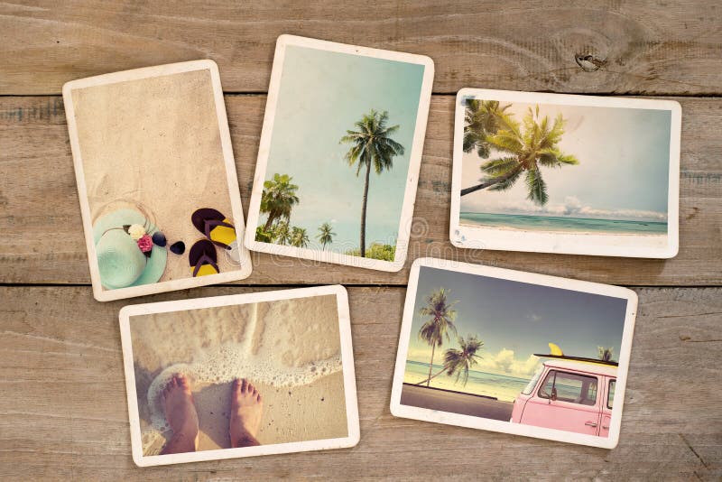 Photo album remembrance and nostalgia journey in summer surfing beach trip on wood table.
