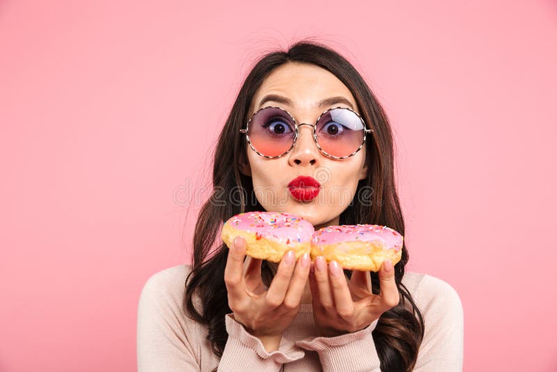 Photo Of Amazing Adult Girl With Long Dark Hair In Round Glasses Stock 