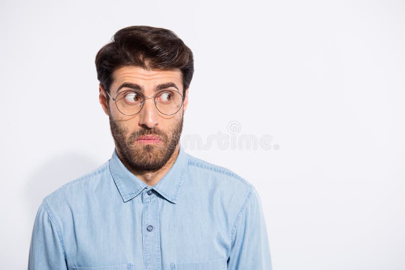 Photo of amazing indian guy looking side empty space feel guilty for awful situation wear specs casual denim shirt stock photography Photo of amazing indian guy looking side empty space feel guilty for awful situation wear specs casual denim shirt stock photography