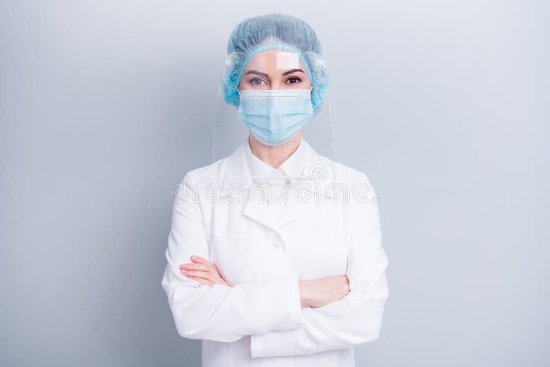 Photo of attractive confident virologist doctor lady arms crossed good mood professional wear medical gown coat mask royalty free stock photo Photo of attractive confident virologist doctor lady arms crossed good mood professional wear medical gown coat mask royalty free stock photo