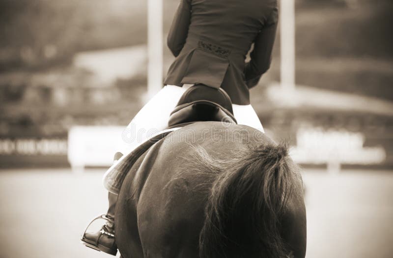 Photo from the back about a rider jumping on a horse