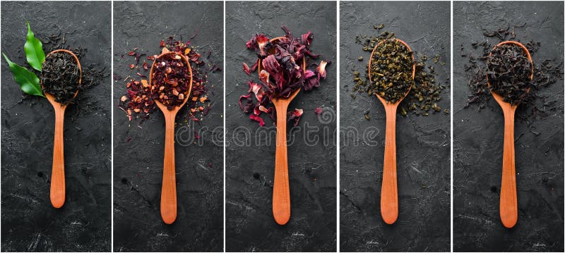 Photo banner. Collage photo of dry tea in spoons.