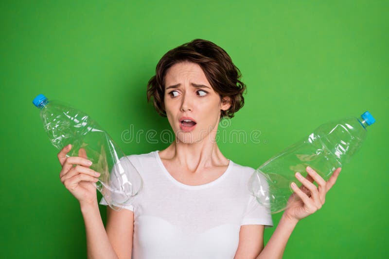 Photo of Beautiful Shocked Lady Hold Plastic Bottles Trash Recycling ...