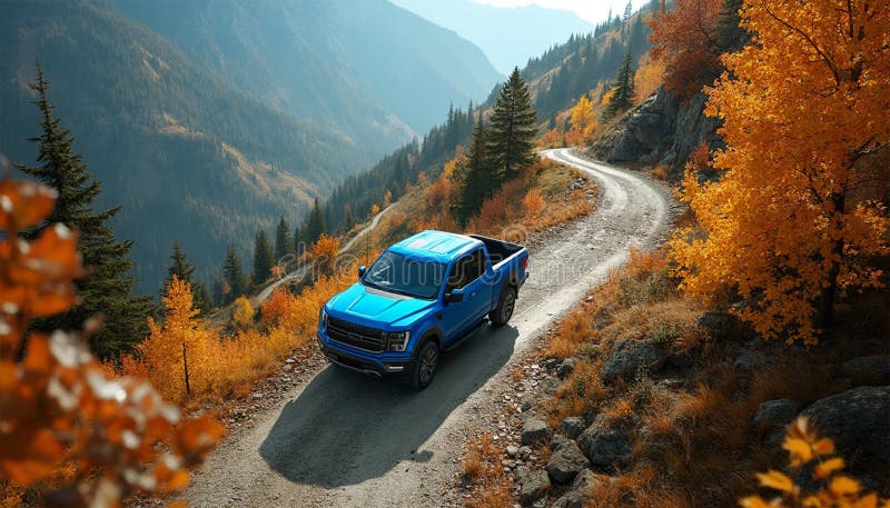 A blue pickup truck climbs a mountain path vector illustration