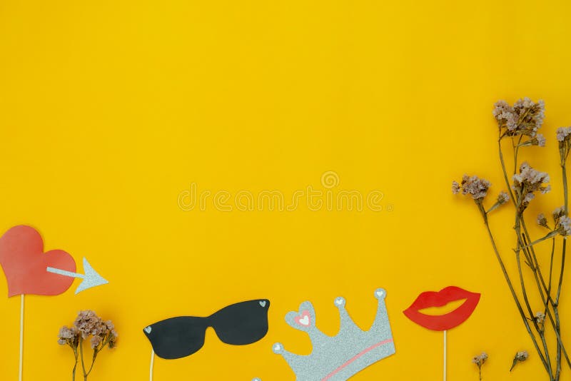 Photo Booth Props on Modern Grunge Yellow Wallpaper at Home Office Desk  Studio. Stock Image - Image of decoration, flower: 126279177