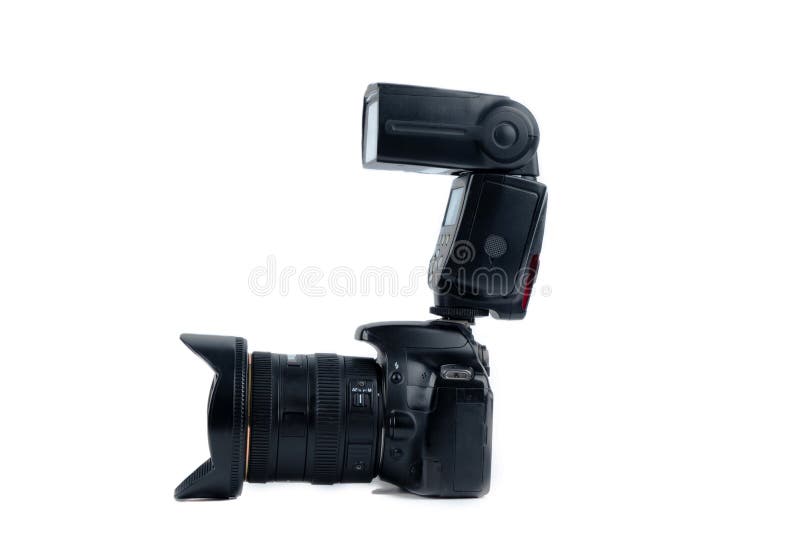 Photo camera and flash isolated on a white background. Copy space stock image