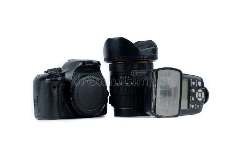 Photo camera and flash isolated on a white background. Copy space royalty free stock photos
