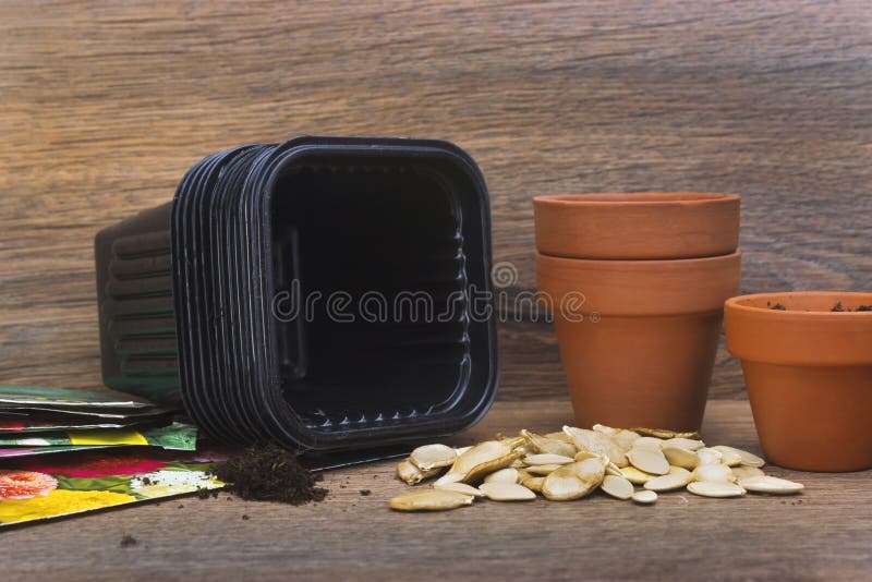 A photo of ceramic and black plastic flower pots for plants and seeds ready for planting.