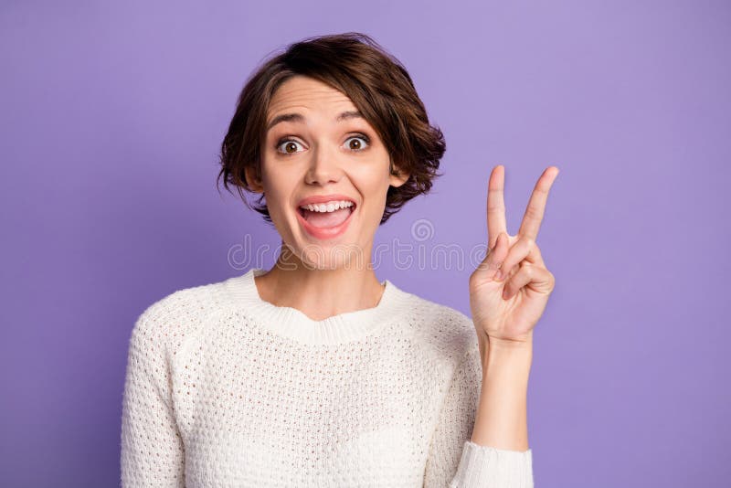 Photo of Charming Lady Hand Fingers Show V-sign Symbol Open Mouth ...